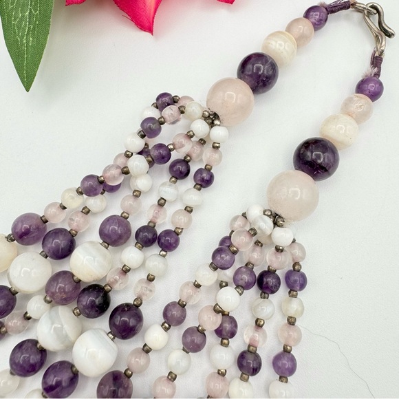 Vintage Gemstone Beaded Multistrand Choker Necklace Agate Amethyst Quartz 16” - Picture 5 of 16